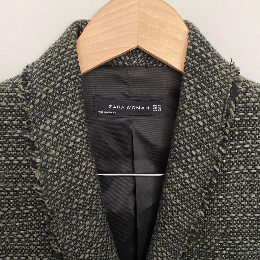 Zara Olive Green Tweed Fringe Blazer